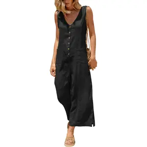 Button Down Jumpsuits Cotton Linen Sleeveless Casual Wide Legs Rompers Loose Overall with Pockets