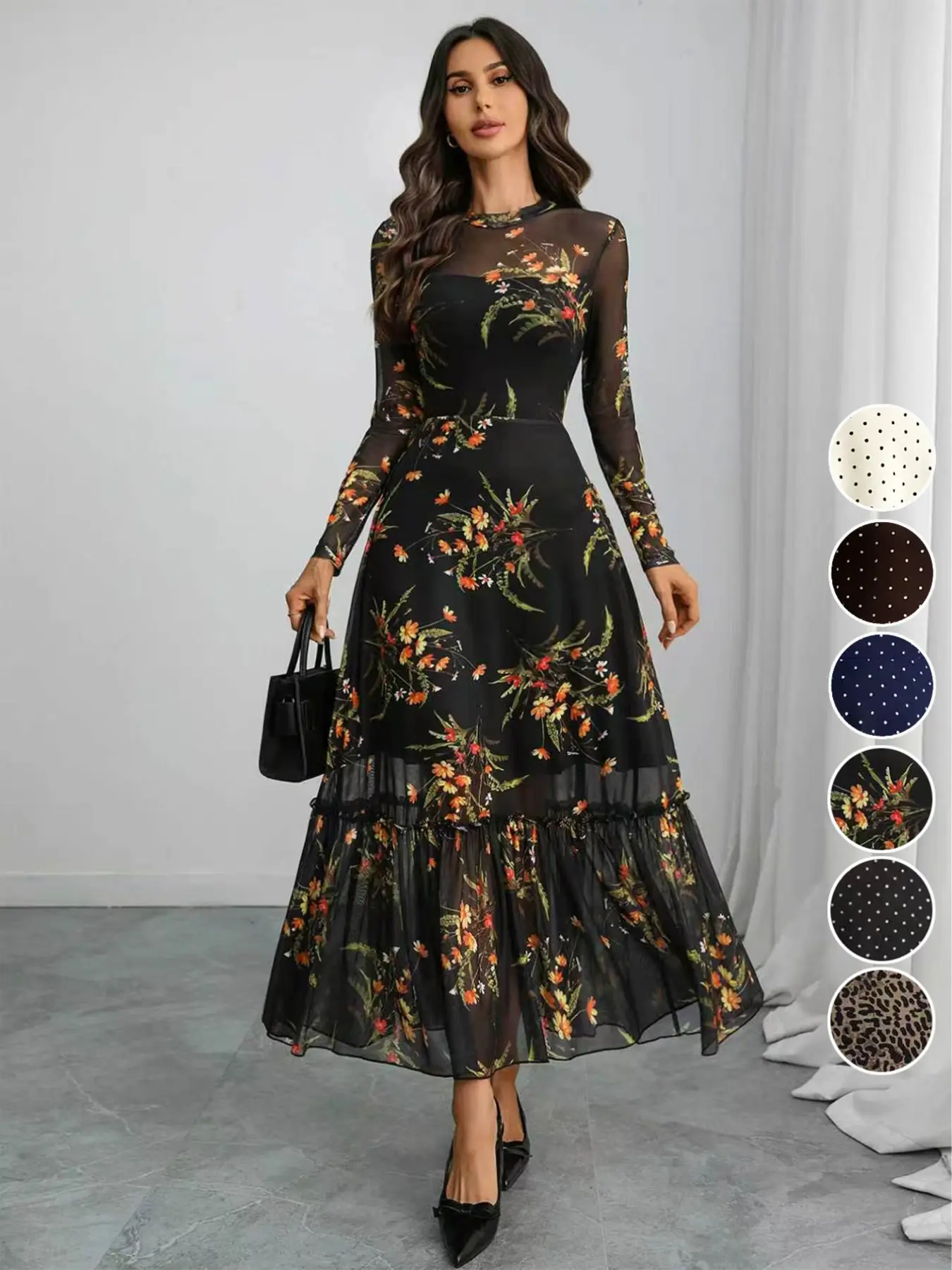 【Black Friday】Elegant Floral Print Long Sleeve Contrast Mesh Dress, Women's Fashionable Clothing for Autumn & Winter