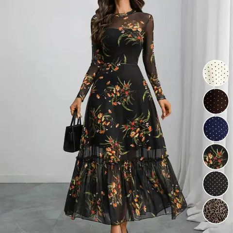 Elegant Gothic Floral Print Long Sleeve Mesh Dress, Autumn Winter Waist Cinching Patchwork, Women's Fashionable Clothing, Casual Wear
