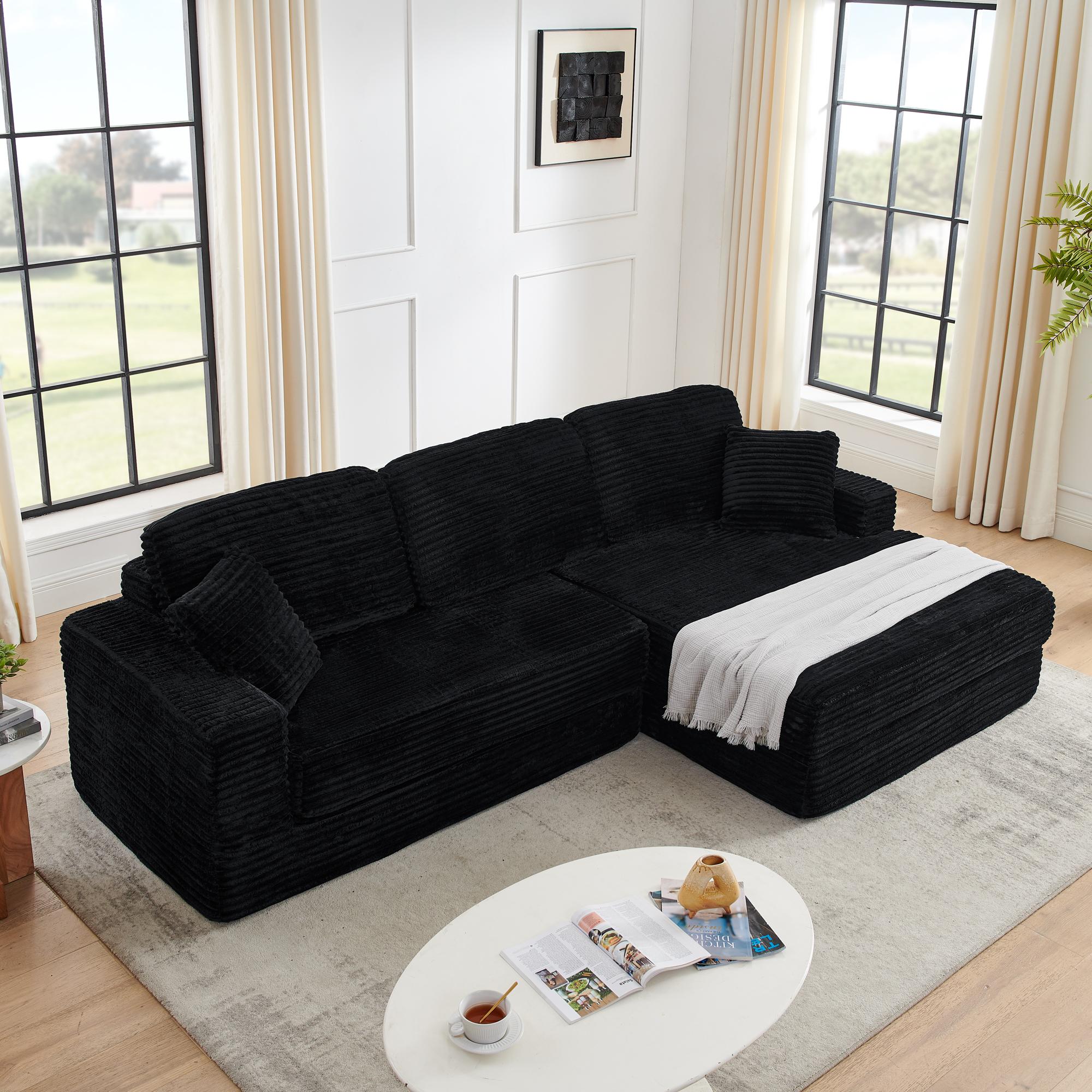 Niccae Right Seat L-Shaped Sectional Sofa,Compressed Corduroy,Modern Minimalist,Converts to Bed,Space-Efficient,sectional couch (2 Packages Shipping)