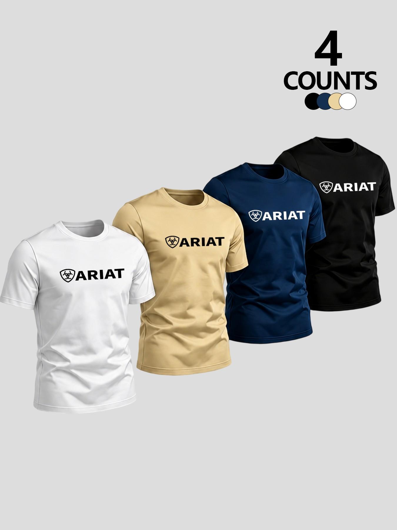 Summer Letter Print Short Sleeve Round Sports T-Shirt 4-Pack, Western Cowboy Style, Breathable Durable, Casual Outdoor Farm Workwear, Multicolor