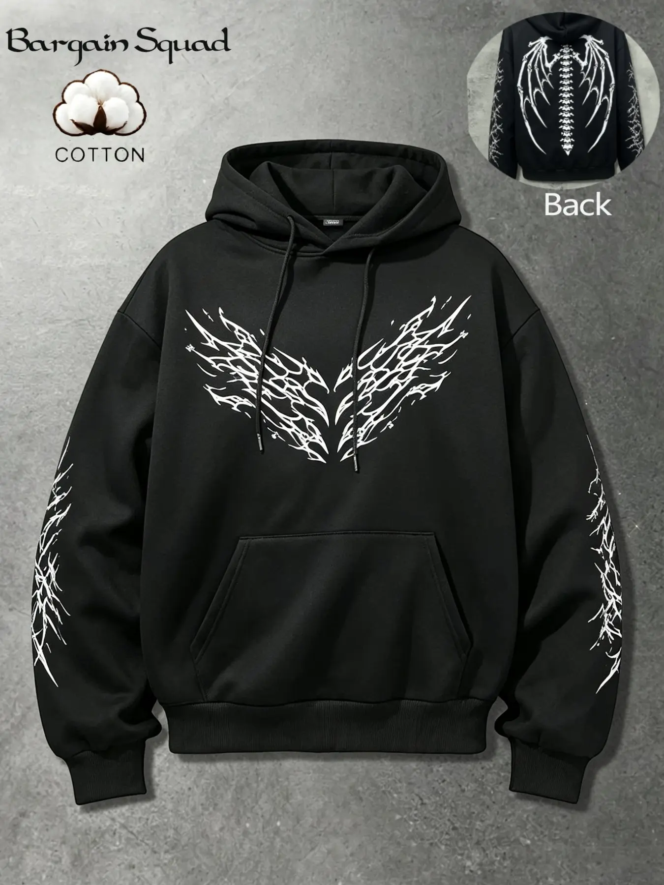 Men's Cotton Blend Hoodie, Dual-Sided Print, Thorn Wing Design, Spine Skull Devil Wings, Gothic Dark Streetwear, Loose Fit, Casual Sweatshirt