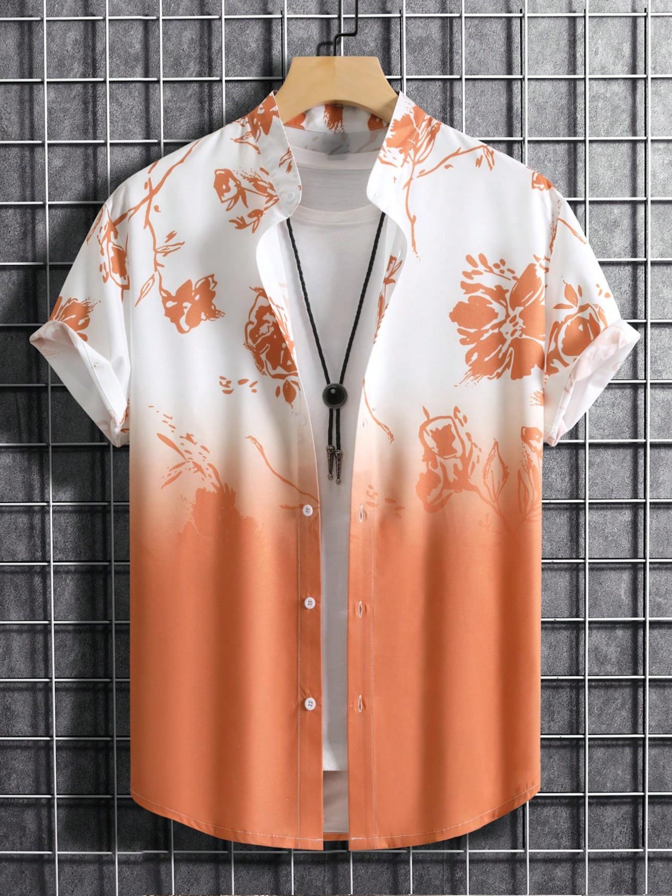 Men's Summer Clothes, Ombre Floral Print Button Front Shirt, Regular Fit Casual Soft Comfy Short Sleeve Mock Neck Top for Summer, Men's Clothes for Daily Wear