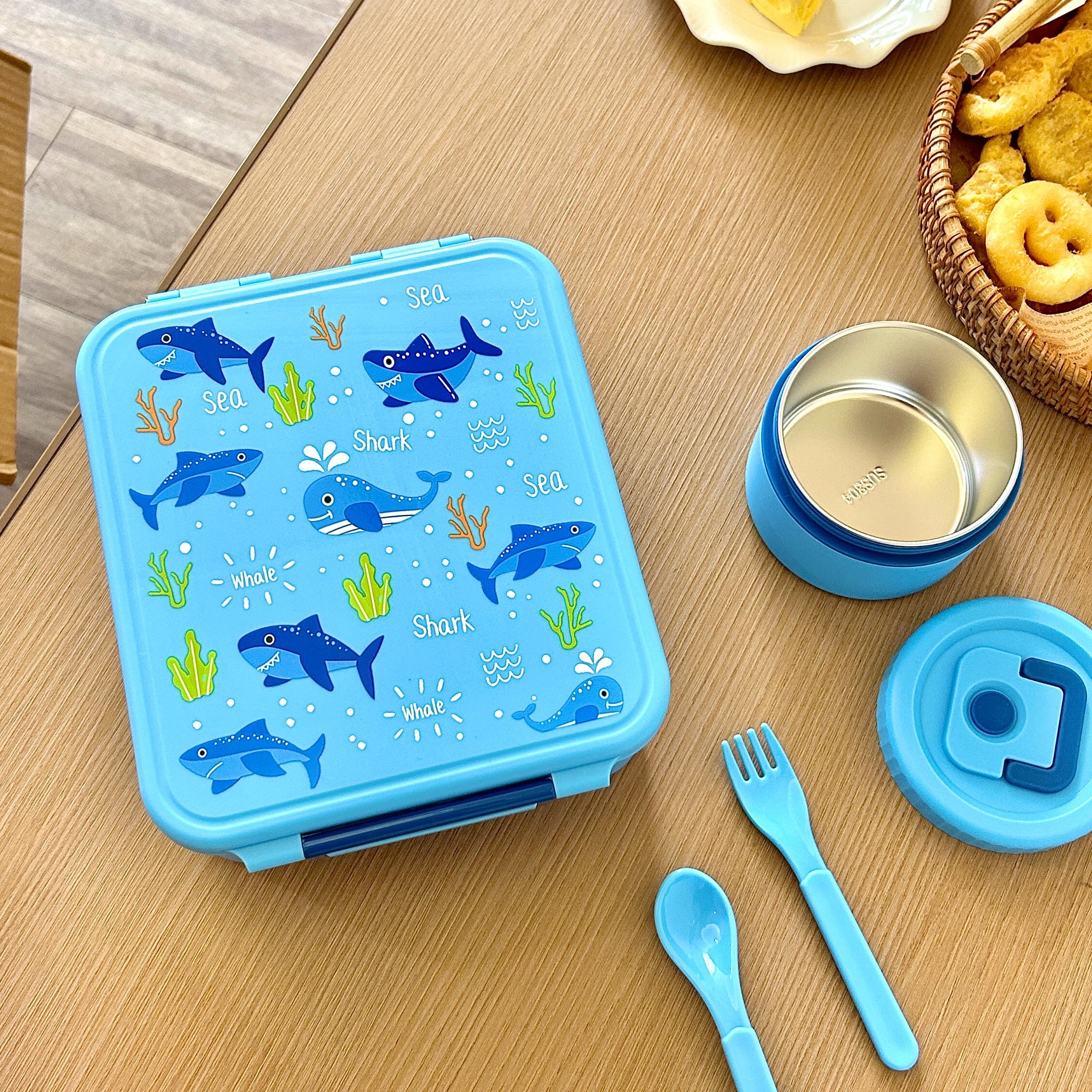 Cute Cartoon Bento Lunch Box with Soup Thermo, Kids Leakproof 4 Compartments, Insulated Food Jar for School Travel, Leak-Proof Bento Box with Spoon