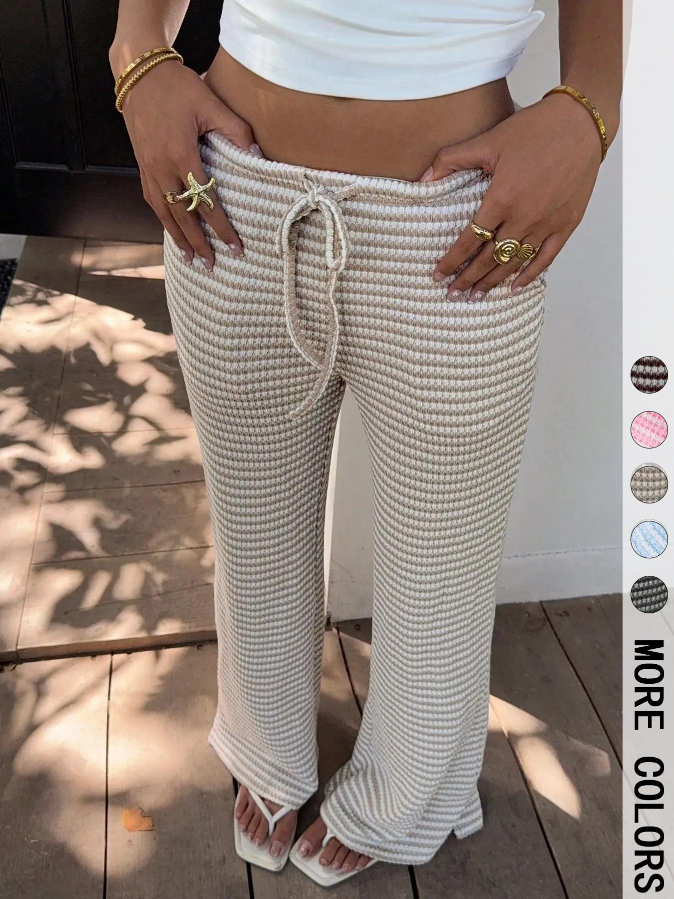 Women's Summer Knitted Striped Drawstring Pocket Casual Loose Wide Leg Pants, Perfect for Daily Wear and Vacations