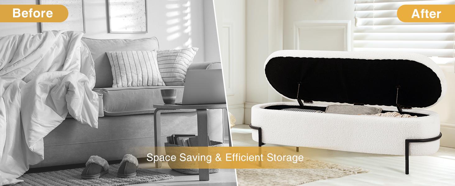 Vabches Modern White Storage Ottoman Bench With Metal Stand For Living Room