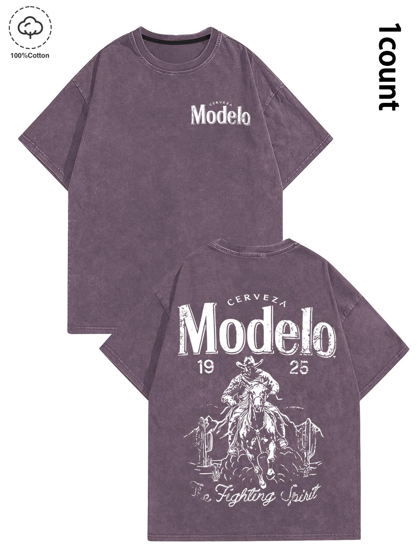 Unisex's 100% Cotton Washed Distressed Modelo Cowboy Tee, Regular Fit Street Fashion Casual Comfy Short Sleeve Crewneck T-shirt for Daily Wear, Western Clothing, All-match Top for Summer, Streetwear