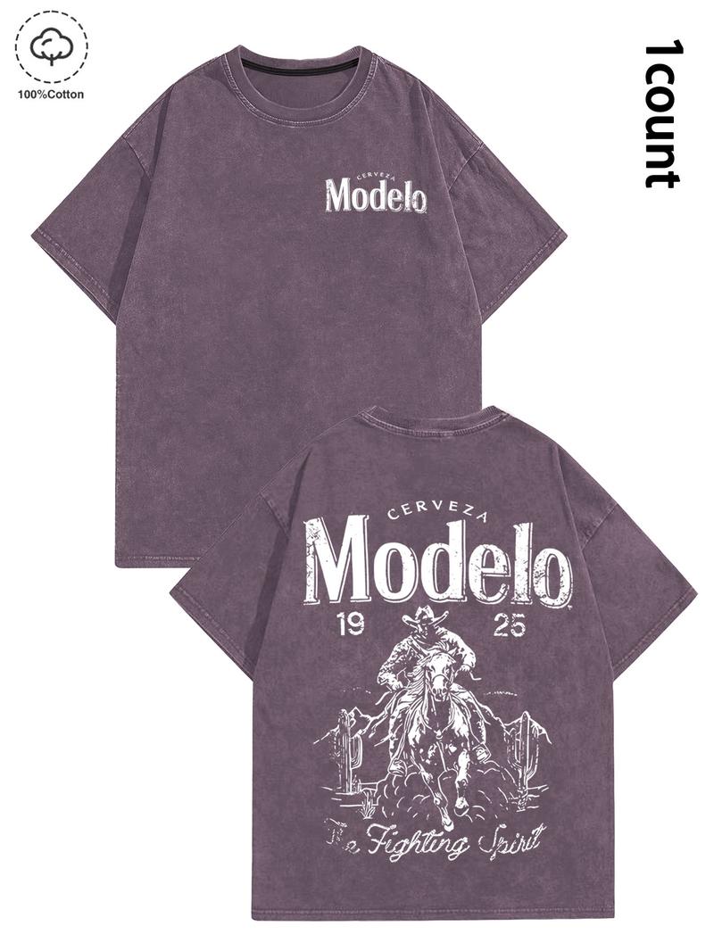 Unisex's 100% Cotton Washed Distressed Modelo Cowboy Tee, Regular Fit Street Fashion Casual Comfy Short Sleeve Crewneck T-shirt for Daily Wear, Western Clothing, All-match Top for Summer, Streetwear