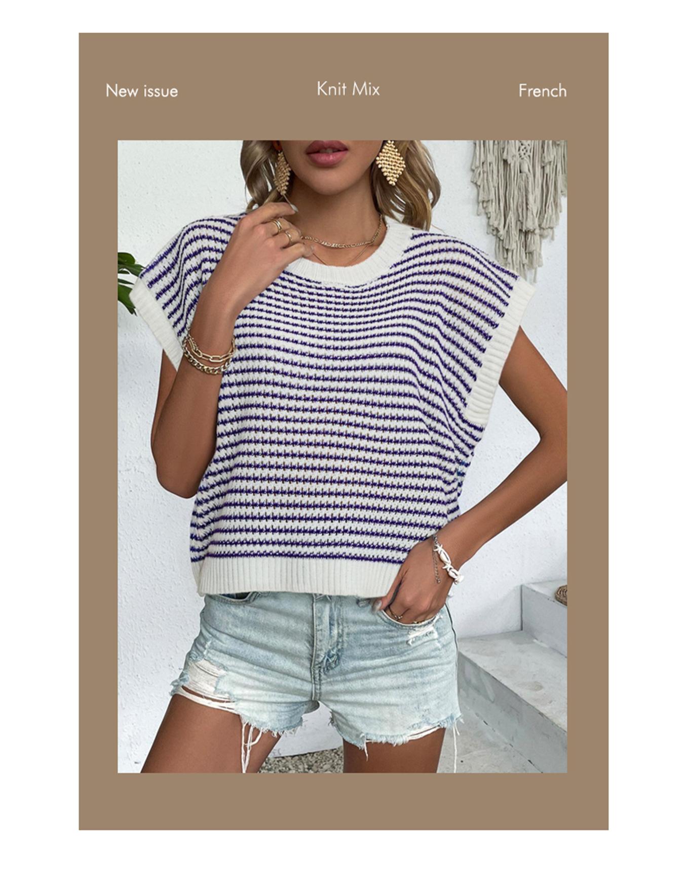 Women's Striped Knitted Vest Top, Round Neck Cap Sleeve Casual Loose Fit, Elegant Summer Fashion, Versatile Women's Knitwear