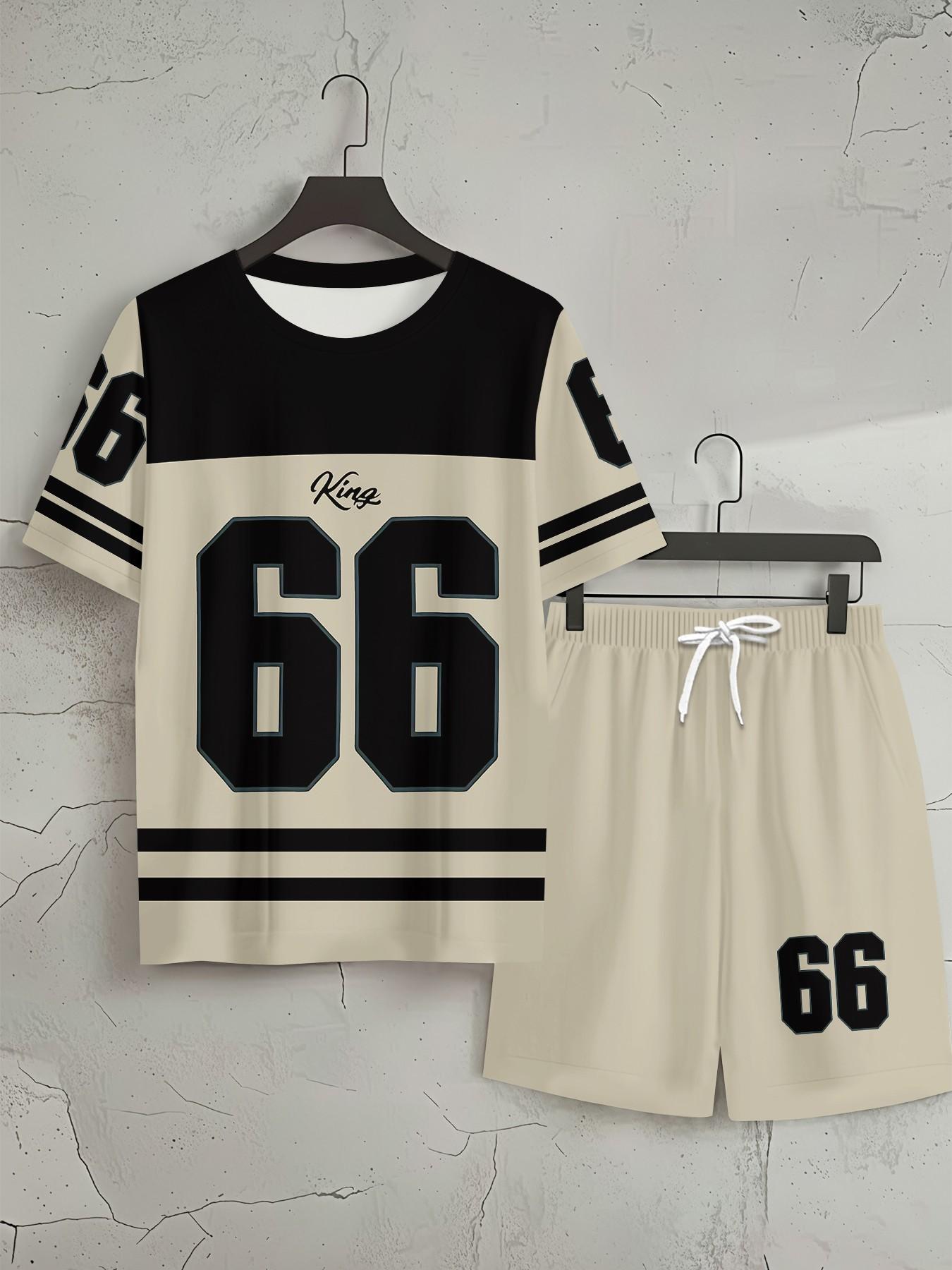 Style No. 66 King American Retro 3D Digital Print Two-Piece Set, 2Pcs, Trendy Fashion Set, Trendy Retro Casual Two-Piece Set, Vacation Style Trendy Outfit, Breathable Sports Casual Style, Perfect Holiday Gift for Men