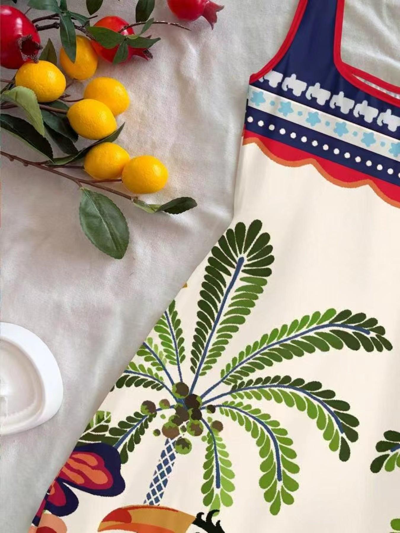 Summer Mini Dress for Women, Tropical Bird Palm Print, Geometric Floral Border, Contrast U-Neck Backless, Casual Vacation Style