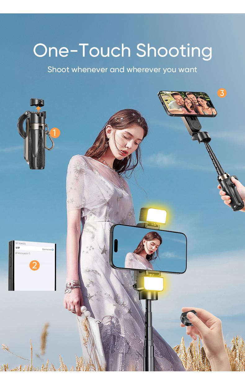 MAGIC JOHN 4-in-1 Multifunctional Magnetic Selfie Stick – 360° Rotation, Compact & Stylish, With wireless Bluetooth control, Magnetic Phone Holder for Selfies/Video Recording/Vlogging, Compatible with Most Phone Modes