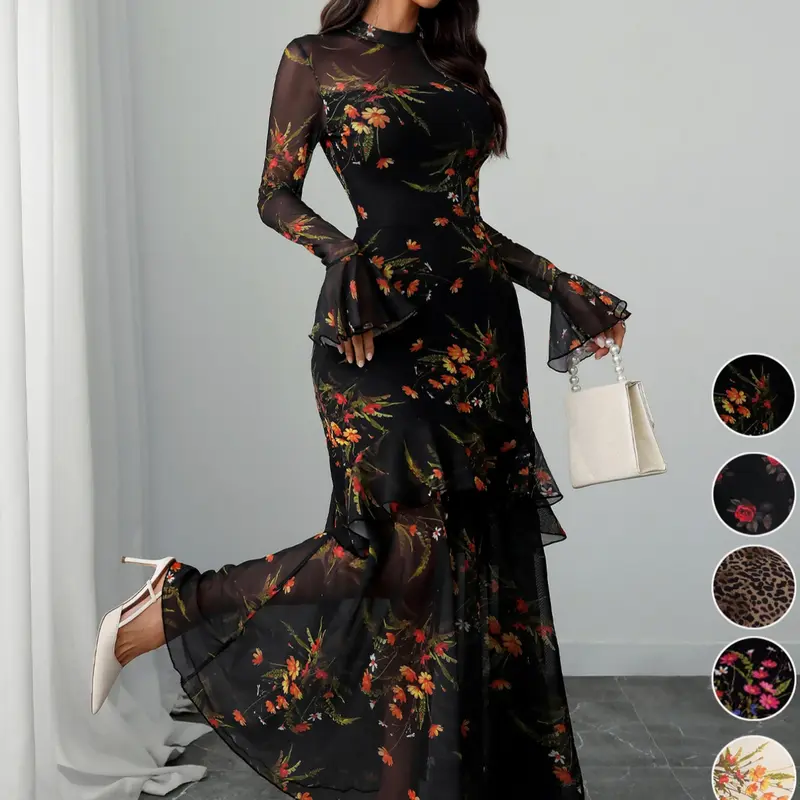Women's Floral Print Dress, Elegant Gothic Long Sleeve Dress for Party Holiday Wedding Guest, Ladies Clothes for All Seasons Dresses For Wedding #GLOBAL PICKS