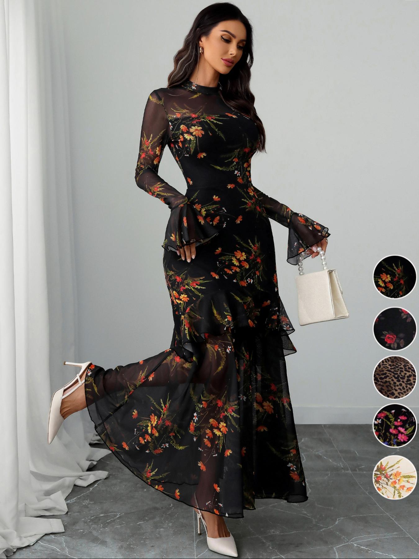 Women's Floral-Print Fitted Dress, Elegant Feminine Vintage Gothic Aesthetic Flared Long Sleeve Dress for Party Holiday Wedding Guest, Ladies' Clothes for All Seasons, Elegance, Garden Formal Dresses for Wedding Guest