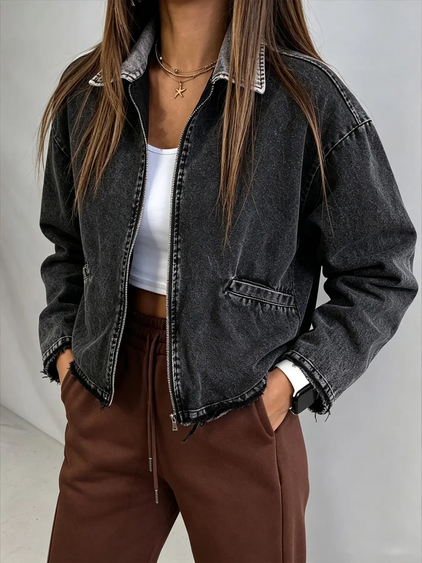 Y2K American Style Four-Season Lapel Zipper Open Cardigan, Loose Long Sleeve Denim Jacket, Cotton Fabric, Pockets, Fall & Winter Essential
