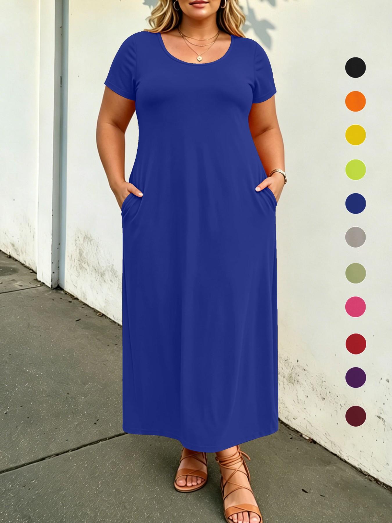 Plus Size Solid Color Loose Maxi Dress, Short Sleeve, Round Neck, Side Pockets, Curvy Daily Wear, Tummy Hiding