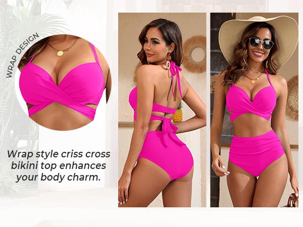 Tempt Me High Waisted Underwire Bikini Sets - Women Two Piece Swimsuits Halter Bathing Suits with Tummy Control Bottom