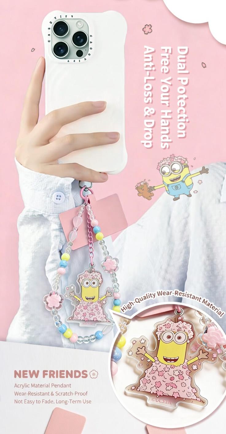 Minions Sakura Cherry Blossom Phone Charm - Limited Edition Kawaii Beaded Strap | Bob & Kevin Cute Pendant For Phone & Bag