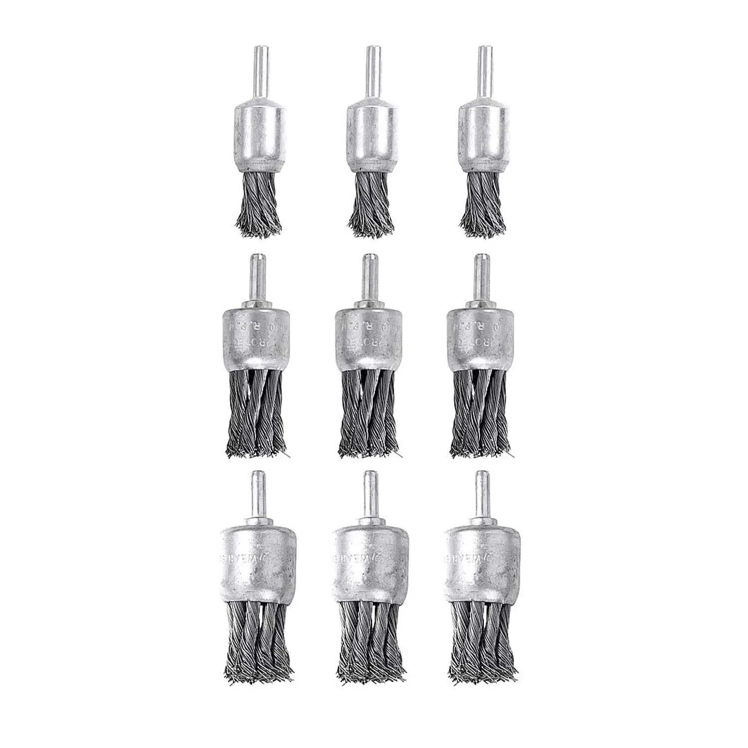 9-Pack Drill Shank Wire End Brushes, 0.8in-1in-1.2in Sizes, High Speed Pneumatic Tool for Derusting, Paint Removal, Deburring on Metal Wood