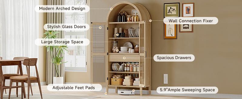 【Valentine's Day gift】ONBRILL 71" Tall Arched Cabinet, 5-Tier Arched Kitchen Pantry with Glass Doors & Drawer, Modern Display Pantry Cabinets with Adjustable Feet, Wooden Pantry for Kitchen, Living Room Furniture, Dining Room Furniture