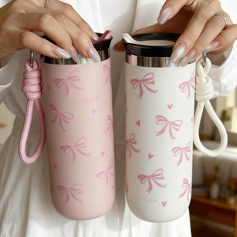 500ML Double-Layer Stainless Steel Insulated Travel Mug with Bow Pattern, Perfect Travel Cup for Home Office School & Car, Great Gift for Christmas Mother's Day Valentine's Day, Insulated Tumbler