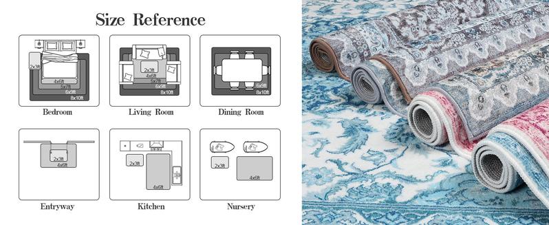 Non-Slip Washable Faux Wool Vintage Boho Rug, Retro Distressed Medallion Carpet 5x7 6x9 ft, Red/Blue Low Pile Soft Mat for Entryway Kitchen Traditional Interiors