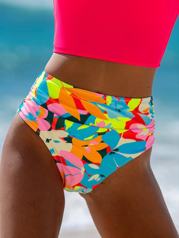 Popvil Back Tie Floral Watermelon Red Tankini Set,U Neck Solid Vest&Tummy Control High Waisted Bikini Bottoms for Women, Neon Bathing Suit,dealsforyoudays