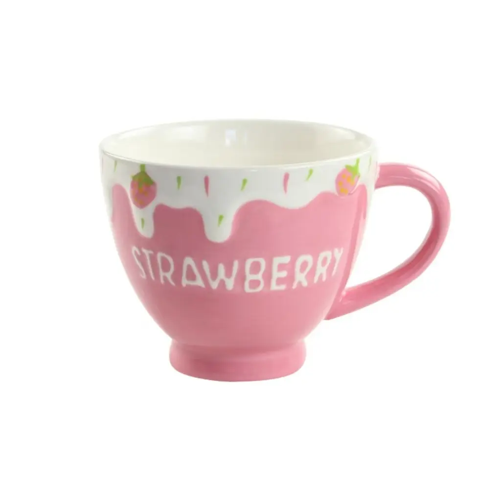 Cute Strawberry Ceramic Mug with Handle, 12oz Kawaii 3D Embossed Milk Cereal Cup, Aesthetic Wide Mouth Breakfast Mug for Coffee Oatmeal Soup, Microwave & Dishwasher Safe