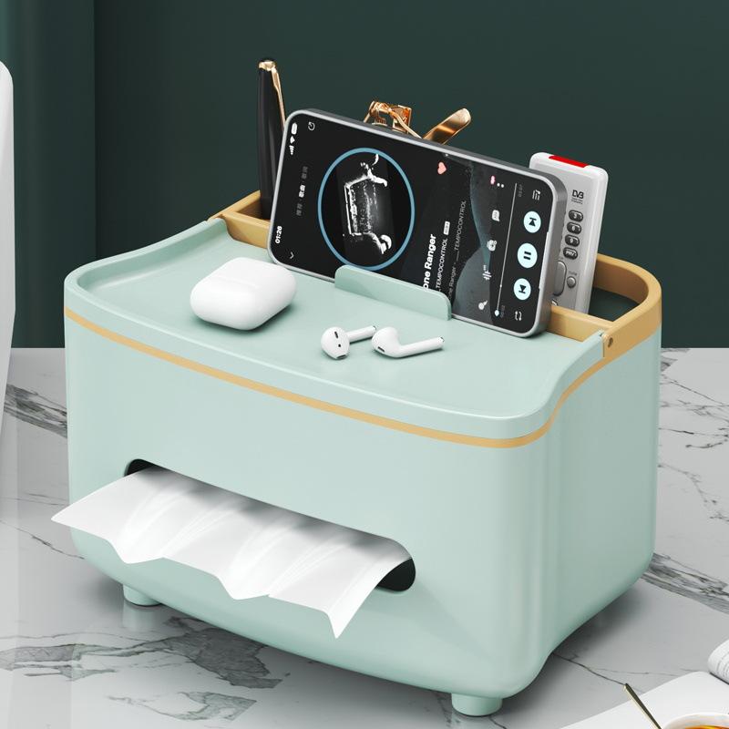 3-in-1 Remote Control Holder & Tissue Box, Tissue Dispenser with Storage Compartment, White/Mint Green - Plastic Coffee Table, Nightstand Centerpiece - Compatible with TV/Phone/DVD - Space-Saving Design, Office Organization & Storage