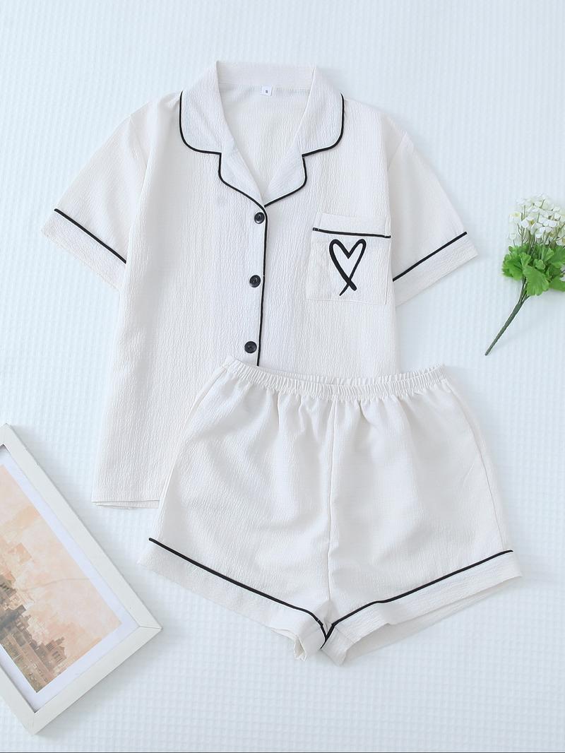 Women's All Over Print Loungewear Set, Contrast Binding Pocket Top & Shorts Pj Set, Ladies Summer Sleepwear