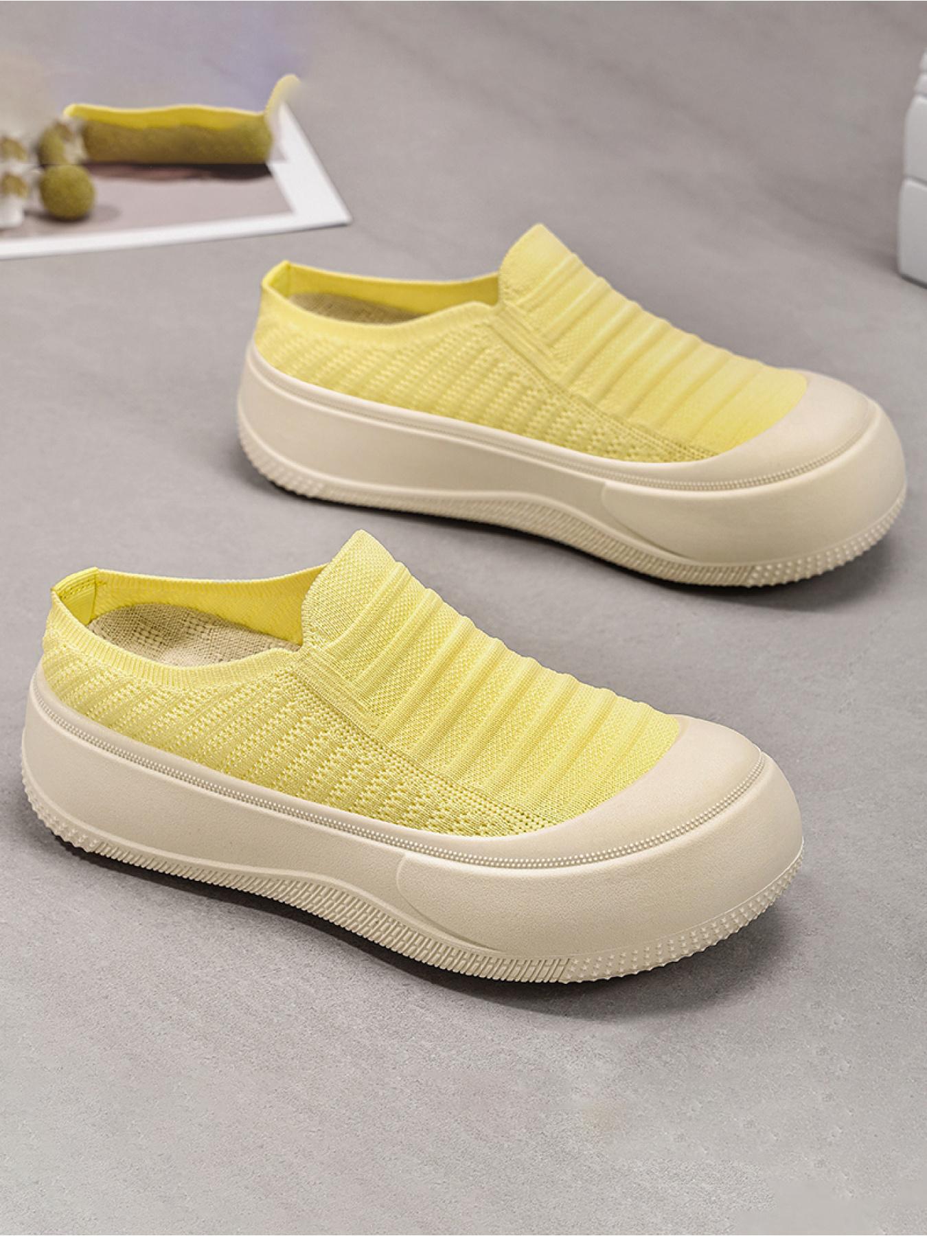 YYW1 Women's Slip-On Casual Trainers, Breathable Flyknit Textile Shoes, Thick Sole, Lightweight PVC Plain Shoes for Daily Commute, Indoor-Outdoor Wear