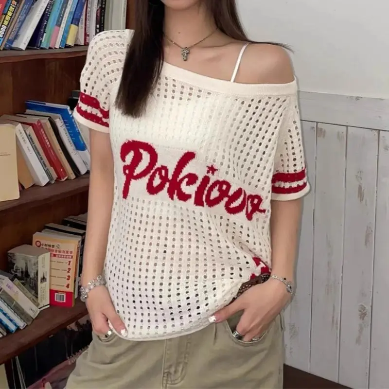 Letter Print Pointelle Knit Off the Shoulder Blouse for Women Oversized Hollow-out Short Sleeve Tops Y2K Retro Streetwear