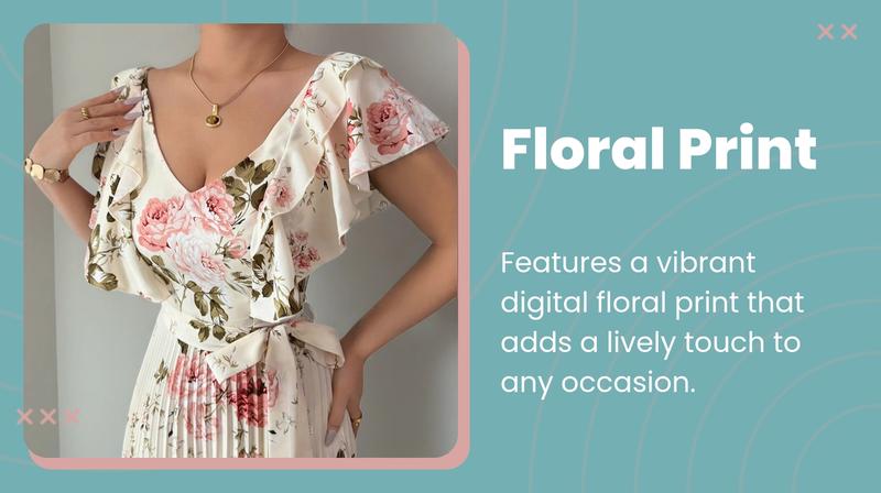 Women's V Neck Floral Print Elegant Folded Long Dress, High Tie-waist Slim Fit A-Line Party Dresses, With Ruffled Short Sleeves, Elegant and Romantic Women's Dresses, Floral Pattern Dress