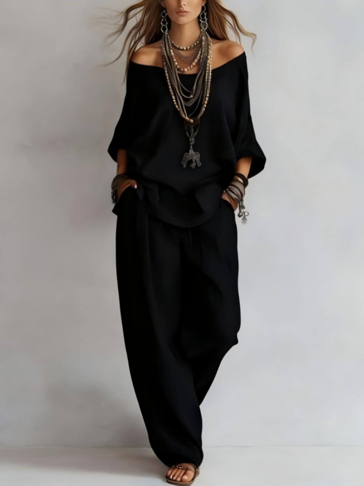Women's Summer Solid 3/4 Sleeve Tops & Wide Leg Pants Set, Casual Loose Simple Fashion Outfit, Daily Holiday Travel Two Piece Set