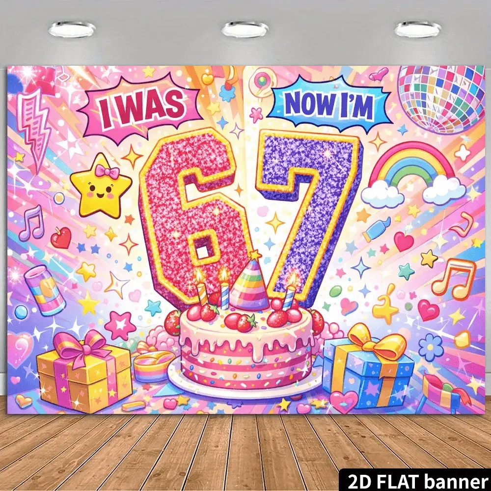 2D flat 6-turned-7 birthday party backdrop with a colorful gift theme, featuring pink-purple glitter numbers, strawberry birthday cake, gift boxes, and music note elements. Made of durable polyester, no power needed. Birthday Themed Backdrops