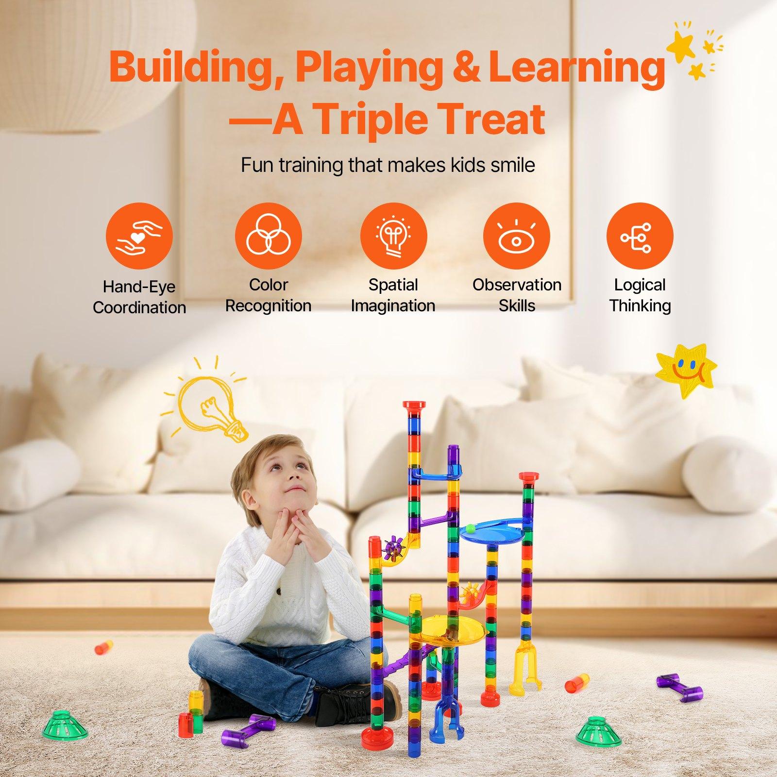 VEVOR Marble Run Set, 110 Piece Marble Maze Building Block Brain Game, with 10 Glow in the Dark Marbles + 20 Glass Marbles, Educational Learning Race Track STEM Toys, for Kids, Boys, Girls Ages 3 +