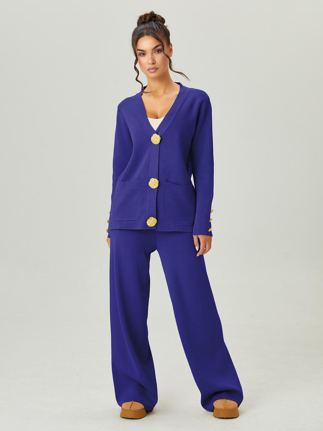 Women's Versatile V-Neck Gold Button Side Pocket Knit Cardigan and High Waist Wide Leg Pants Set, Elegant Two-Piece, Comfortable Women's Clothing#TikTokMadeMeBuyIt #CasualChic#MatchingSet