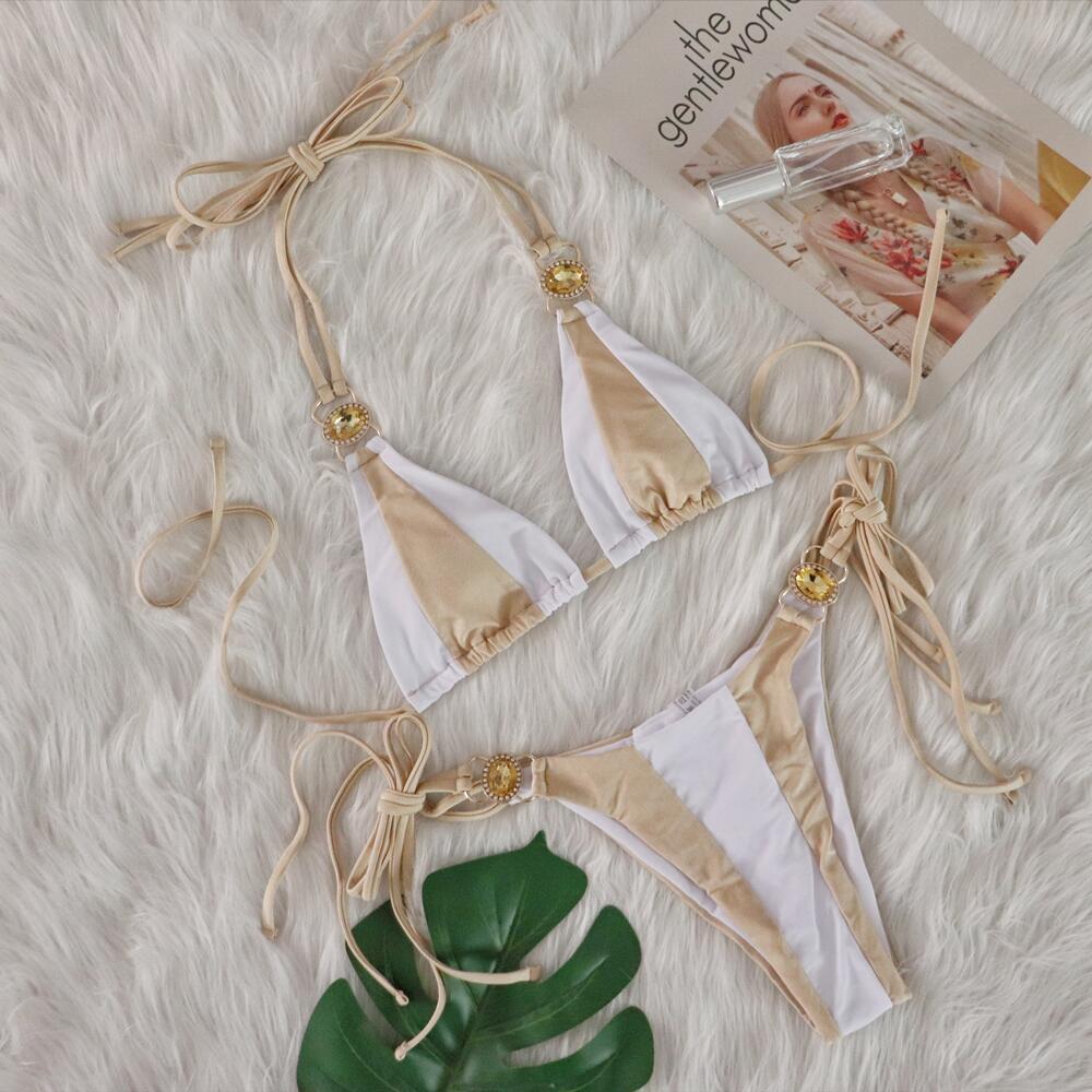Women's Pink Mint Color Block Halter Bikini Two Piece Swimsuit, Triangle Top With Emerald Rhinestone Metal Hardware, Side Tie String Bikini Bottom, Contrast Color Tropical Beach Bathing Suit for Summer Vacation Pool