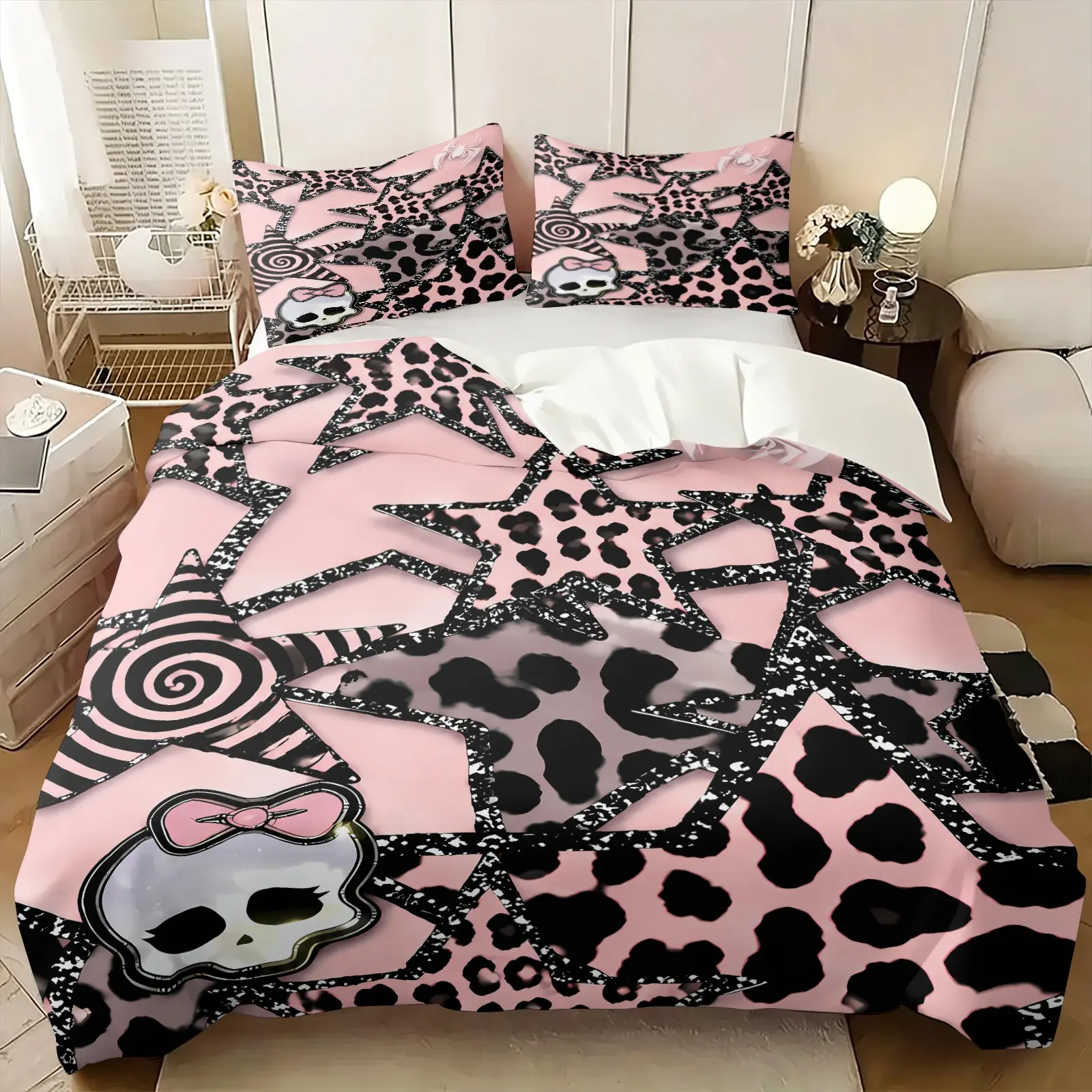 Pink Black Leopard Print Skull Duvet Cover Set, 1 Duvet + 2 Pillowcases, Black-Bordered Star Spiral Pattern Bow Skull Print,Y2K Sweet Cool Girly Style Soft Bedding for Unique Teens Bedroom Dorm Gaming Room Decor Printed Bedding Set
