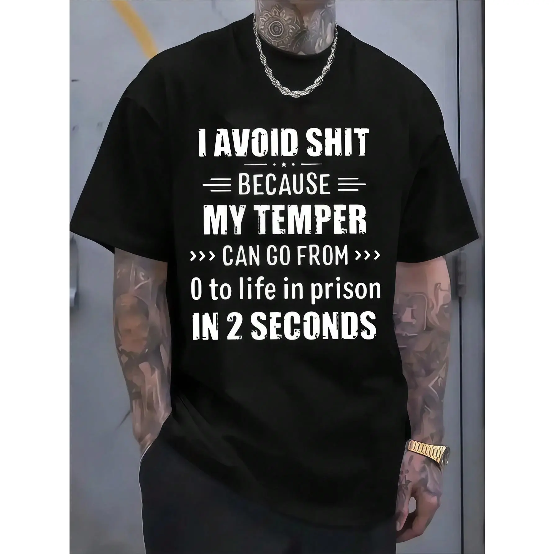 Men's Round Neck Short-Sleeve Stretch Fabric Graphic Tee, Unisex Menswear Summer Sports Top, Plus Size Black Text-Printed Casual Shirt