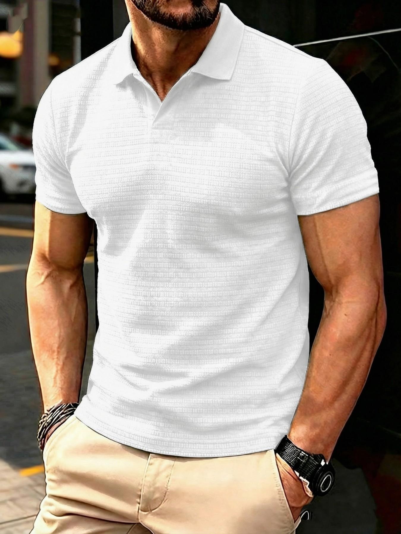 Men's Casual Short Sleeve T-Shirt, Textured Fabric, Ribbed Polo Top, Summer Solid Color Fashion, Single Piece