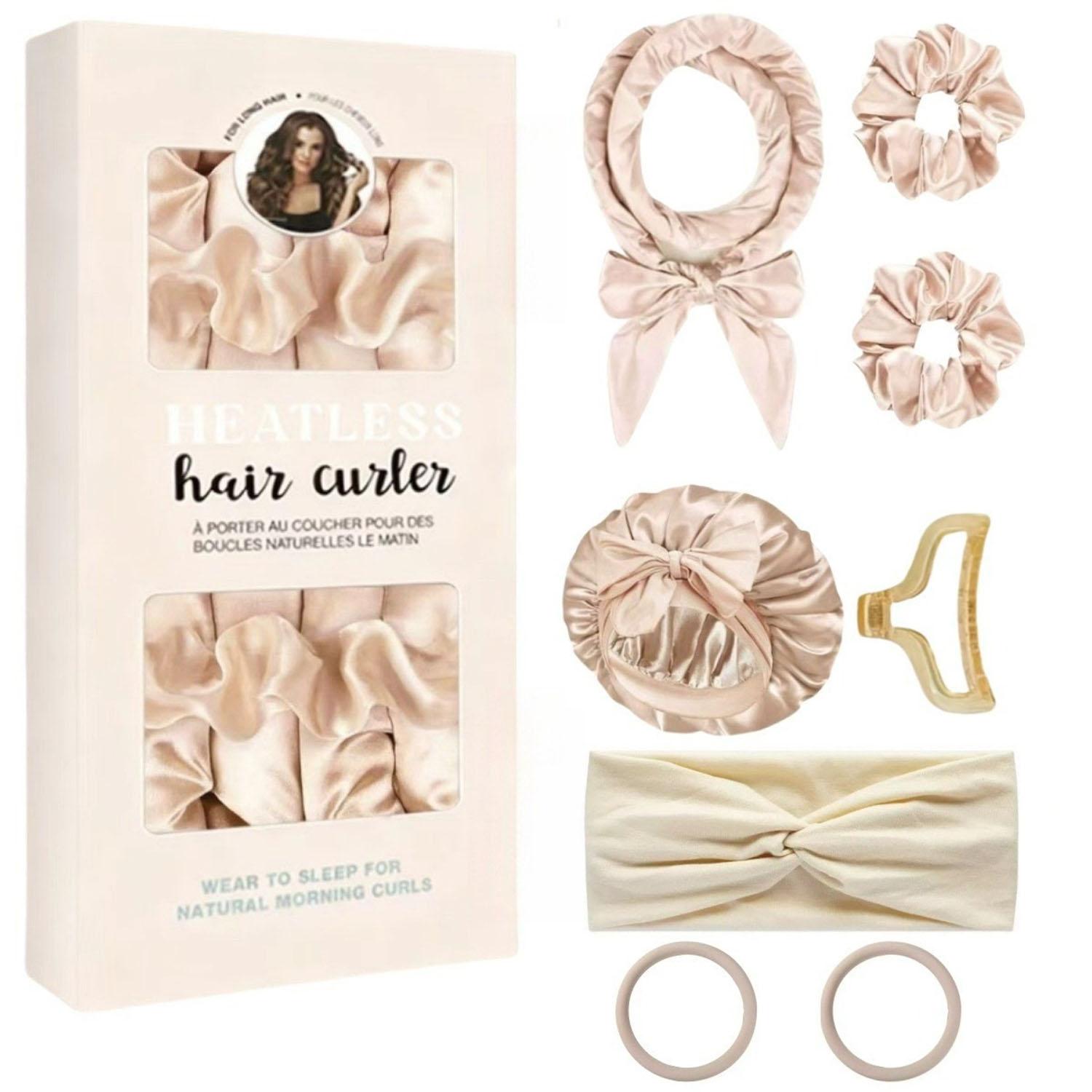 8Pcs Satin Heatless Curling Set, Luxury Overnight No-Heat Hair Curler Kit Heatless Hair Curlers with Satin Bonnet, Curling Headband, Scrunchies, Hair Clip & Hair Ties, Wake Up with Salon-Like Soft Curls, Smooth Waves & Frizz-Free Hair