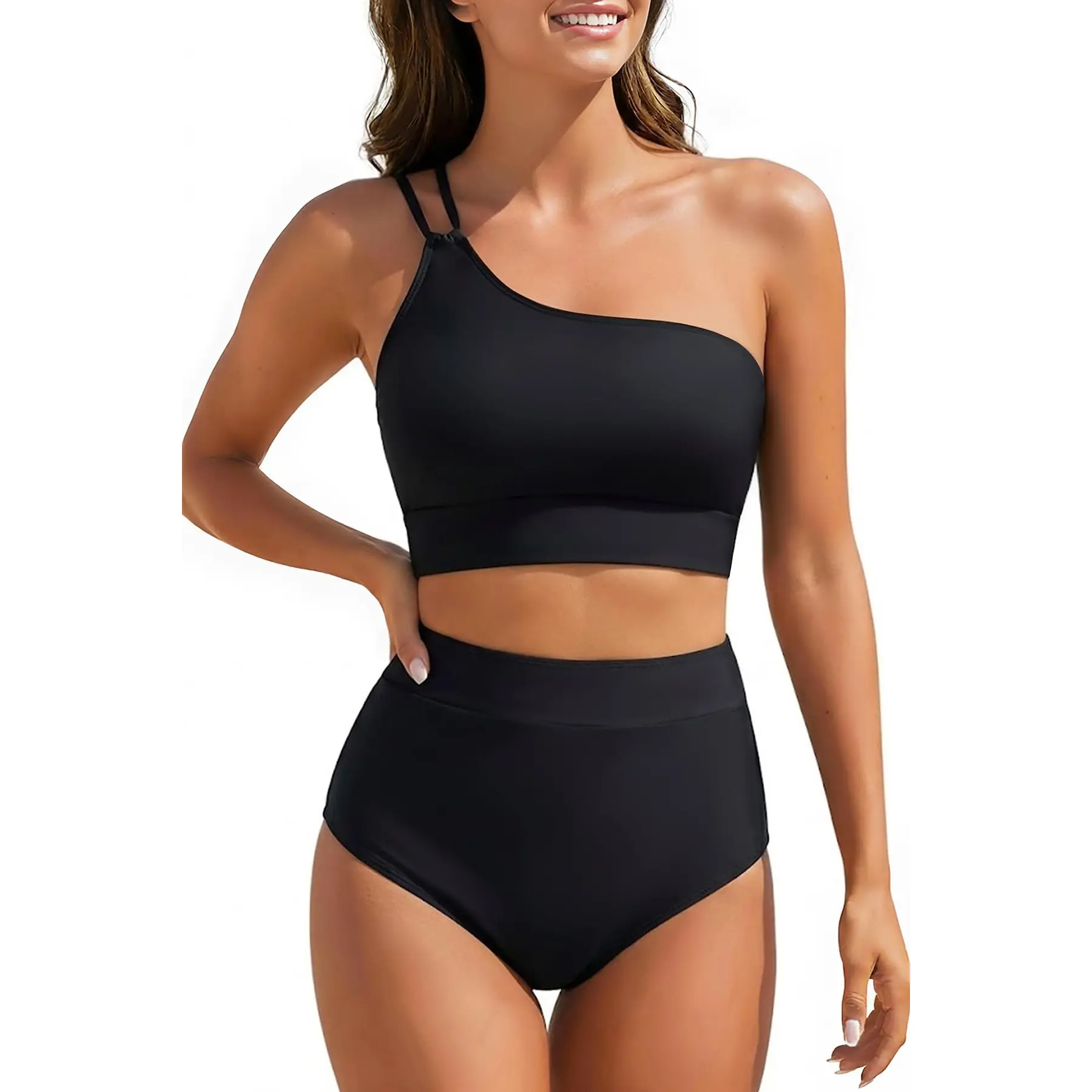 Yonique Women's High Waisted Bikini - One Shoulder Two Piece Swimsuits Tummy Control Full Coverage Bathing Suits