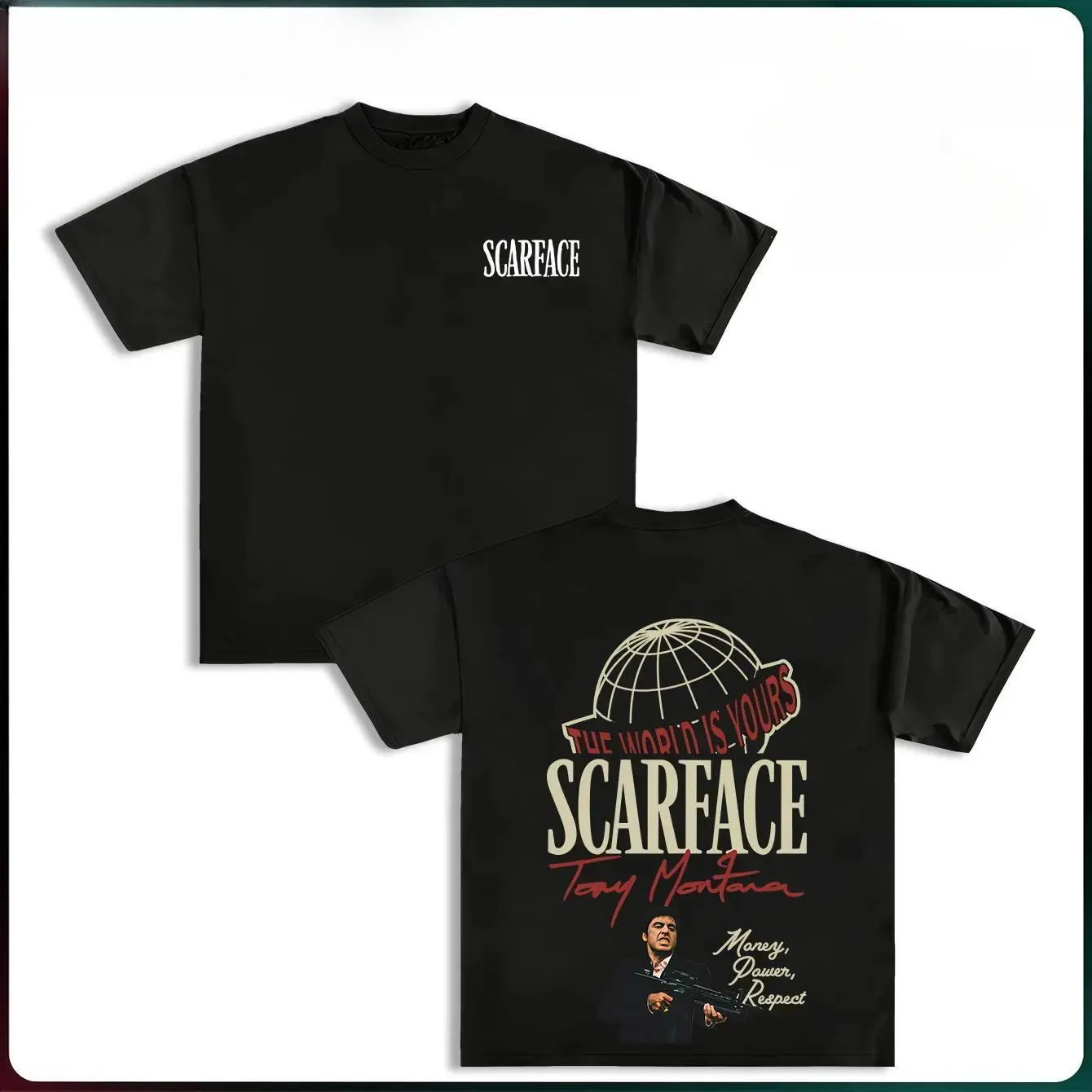 FEEGO Scarface Two Sides Graphic Tee - The World is Yours Design with Tony Montana Iconic Image Perfect for Movie Fans and Streetwear Enthusiasts Menswear Casual Crewneck Tshirt ,Y2K Streetwear Tee good  graphic  tees gifts for him