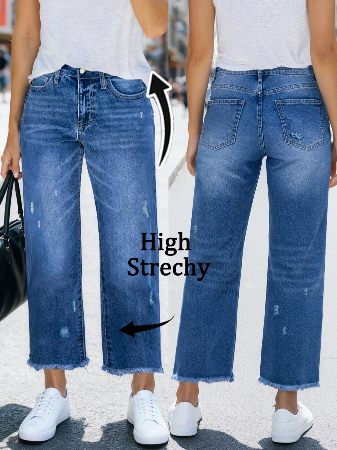 Women's Relaxed Fit Distressed Straight Leg Jeans, Comfortable Ripped Wash with Frayed Hem for Street Style Fashion, Trendy Denim Jeans Streetwear Pants