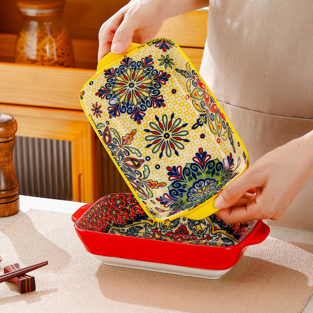 4Pcs Double Handle Rectangular Serving Plates Set, Microwave Oven Safe Dinner Plates for Sushi, Dessert, Salad, Pasta, Baking, Suitable for Home Kitchen Dorm Restaurant