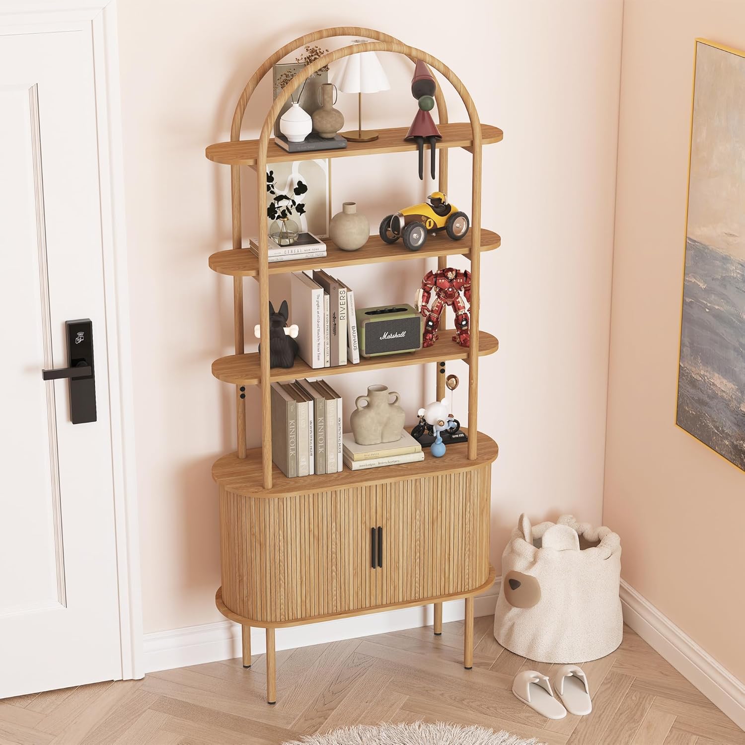 Giratree 71" Tall Fluted Arched Bookshelf with Sliding Tambour Doors, Mid Century Modern Curved Bookshelf Cabinet with Storage, 4-Tier Open Display Storage Shelf for Home Office, Living Room