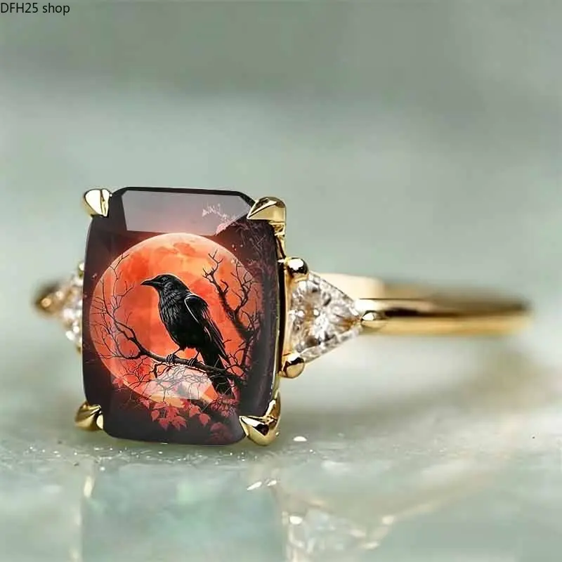 Vintage Square Raven Moon Art Ring with Gothic Forest Illustration, Alloy Statement Ring, Artistic Fashion Jewelry for Daily Wear, Halloween Style and Alternative Fashion