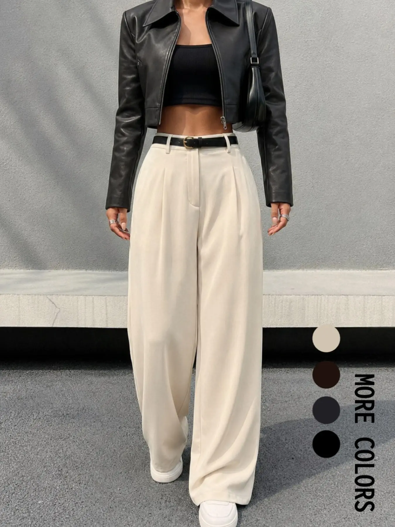 Women's Solid Color Pleated Pocket Wide Leg Pants, Elegant Casual Long Pants, Suitable for Office Business, Four Seasons Wear