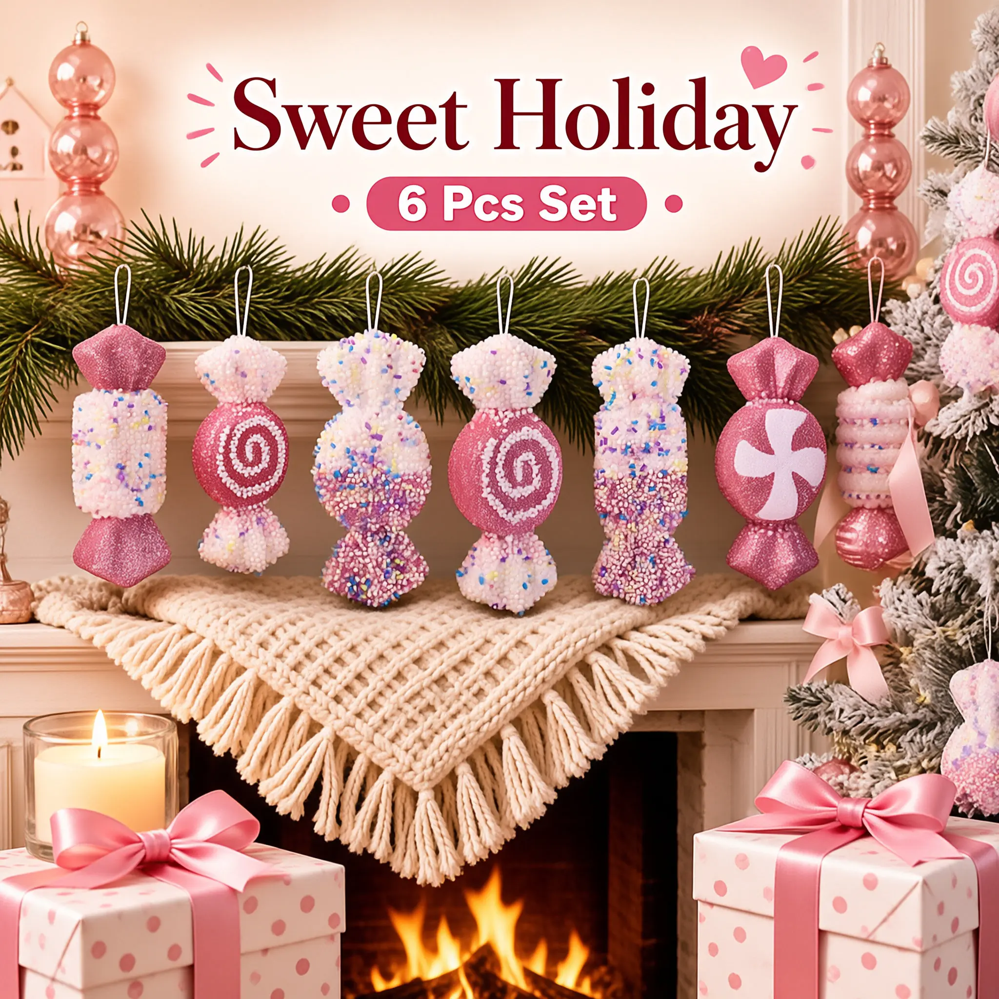 Christmas Candy Ornaments Set, 6 Pcs Pink Glitter Candy Hanging Decorations, Sprinkled Foam Sweet Treat Baubles, Festive Tree Pendant, Cute Holiday Decor For Mantel, Wreath, Indoor Winter Home And Candy Themed Party Decor,SohoChic